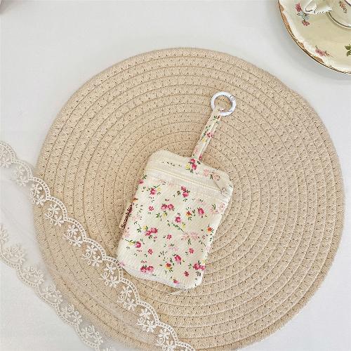 Ins Floral Kpop Photocard Holder with Carabiner Floral Print Earphone Key Holder for Girl Small Organizer Bag for Daily Travel