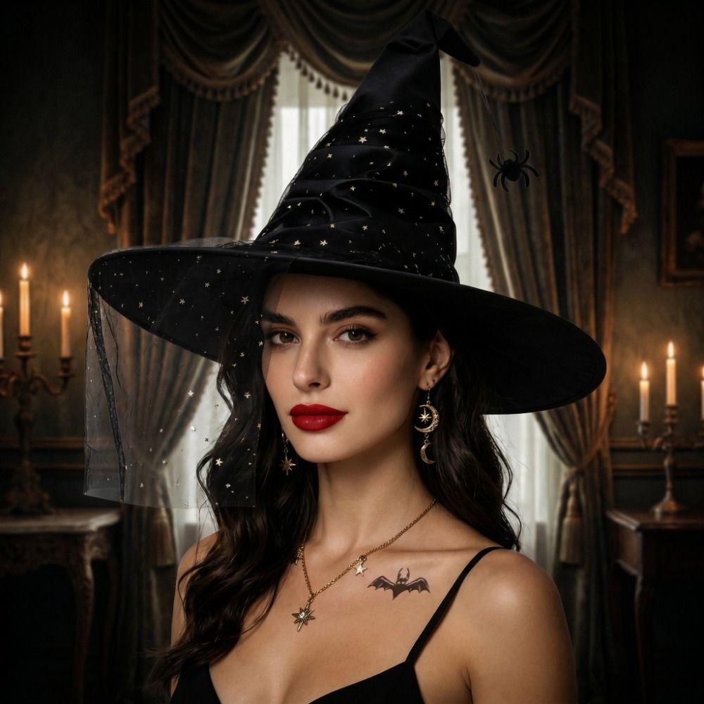 Mesh Yarn Cover Halloween Witch Hat Spider Bat Pendant With Veil Wizard Cap Tall Pointed Cone Top Bendable Pointed Mage Hat