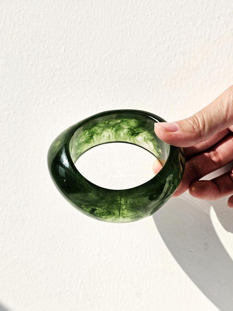 Retro Geometric Irregular Square Green Smudge Chunky Resin Bracelet for Women Girl Vintage Bangle HUANZHI 2025 NEW
