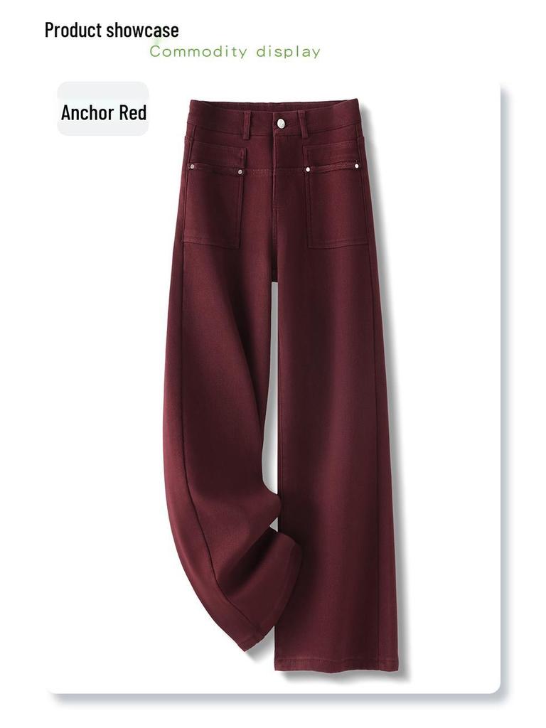 Ancola Women's 2024 Red Fleece-Lined High-Waisted Wide-Leg Jeans - Autumn/Winter Retro Style