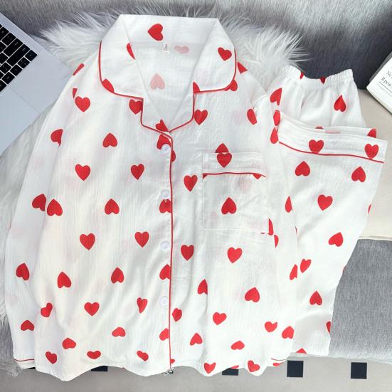 Damen-Pyjama-Set Niedliches Muster Langarm-Oberteil mit Knöpfen Und Weite Hosen