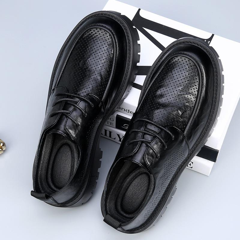 Large Size Men's Shoes Spring and Summer New Trend Thick-soled Breathable Hollow Casual Shoes Business Men's Big Head Leather Shoes Genuine Leather