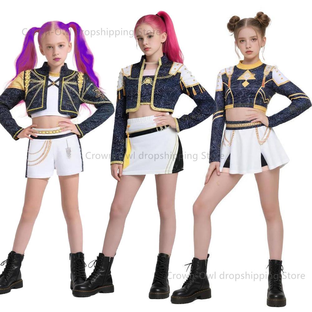 Kids Girls K-Pop Demon Hunters Zoey Rumi Mira 3D Print Black Golden Cosplay Suit Costume Set Huntrix Halloween Carniva Suit
