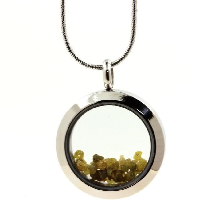Collier - ABIJOUX - Médaillon 20 mm - Acier inoxydable - Diamant vert jaune - Mixte