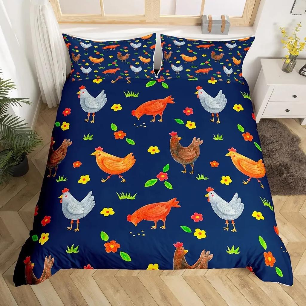 Vintage Rooster Hen Comforter Cover Farmhouse Cock Duvet Cover Farm Chicken Bedding Set King Chicken Coop Country Decor For Home