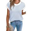 Women's Striped Knit Summer Top - Loose, Short-Sleeved, Round Neck, Casual Hollow Design Sweater