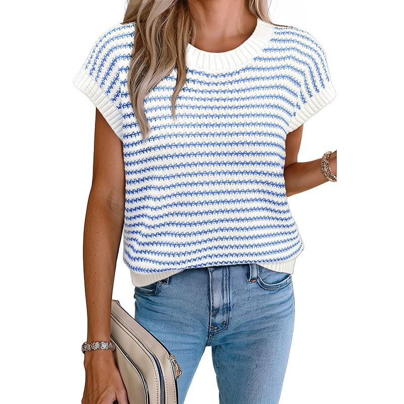 Women's Striped Knit Summer Top - Loose, Short-Sleeved, Round Neck, Casual Hollow Design Sweater
