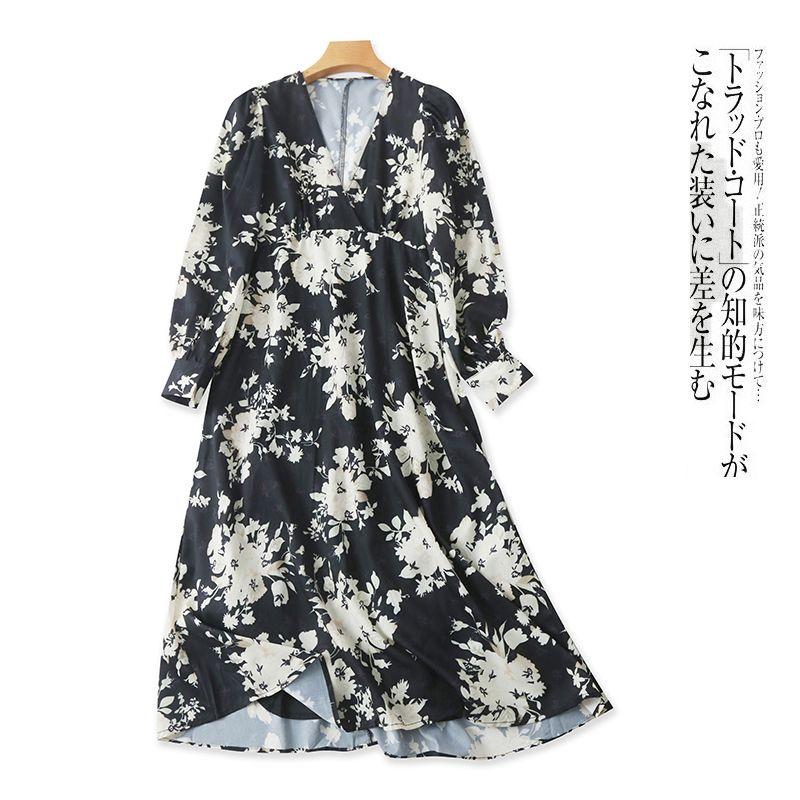 

Print Dress Spring/Summer New Foreign Trade Women s Clothing Fashion Silm Cross V-neck Bubble Long Sleeve Midi Dress 28511 Black background flower B- 16-7-5 S