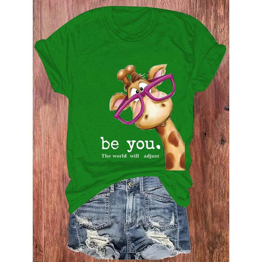 Be You The World Will Adjust Women s Tee - Cute Giraffe With Glasses Graphic, Casual Green Top M