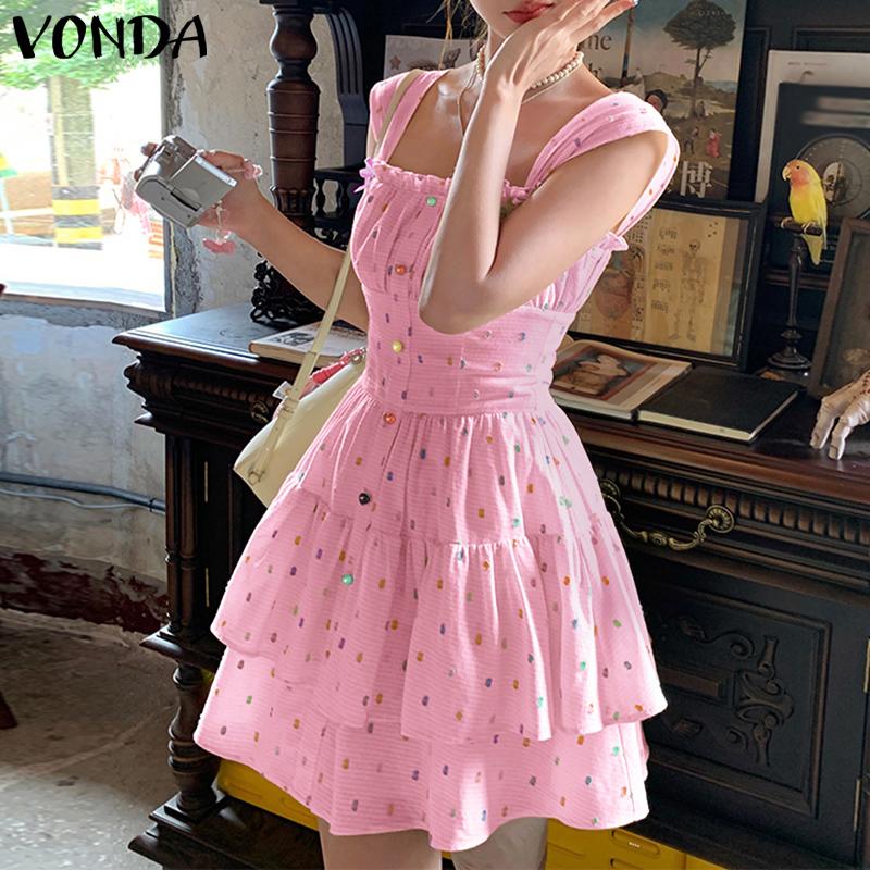 VONDA Rochie Mini Femei cu Bretele, Fără Mâneci, Imprimeu Buline, Casual, de Petrecere, Straturi, Plisată