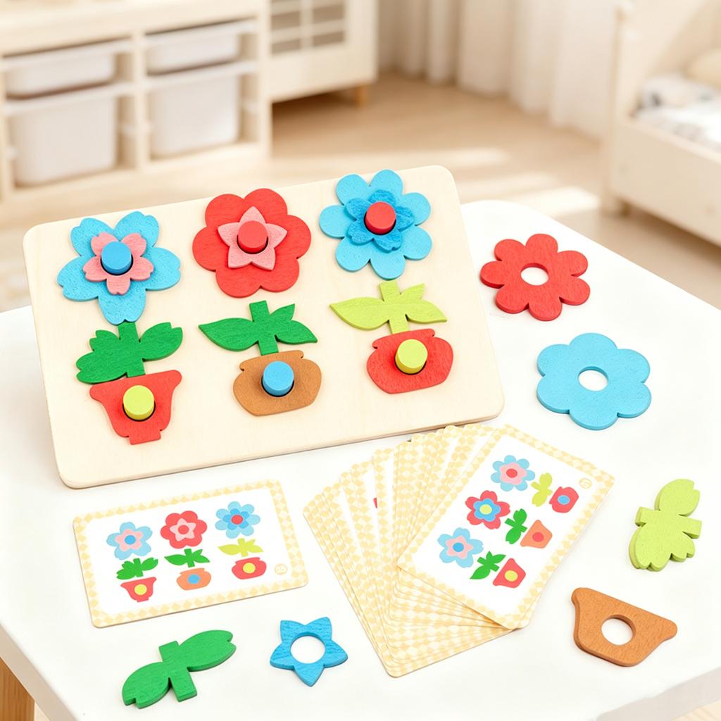 Wooden Flower Matching Puzzle Board for Toddlers, Color and Thinking Skills Early Learning Toy