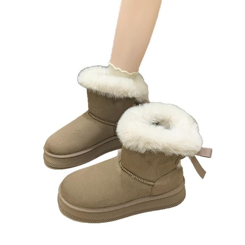2025 New Bow Decoration Casual Women's Snow Boots Thick Sole Plus Size Warm Cotton Shoes