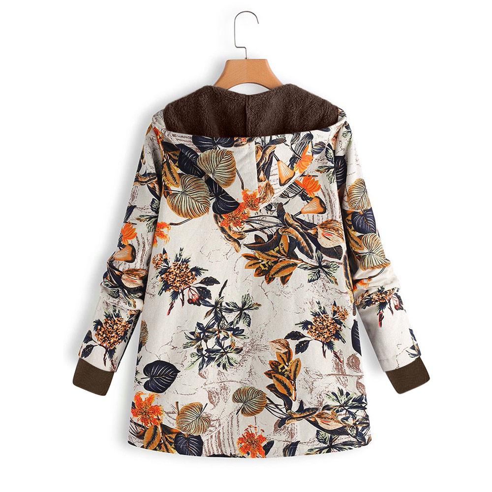 Womens Winter Warm Outwear Floral Print Hooded Pockets Vintage Oversize Coats