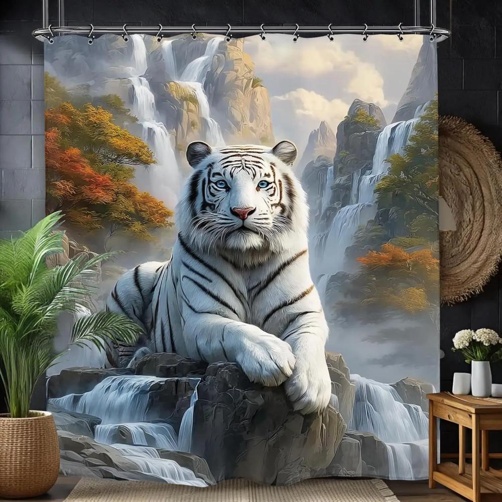 White Tiger Animal Printed Shower Curtain Cool Majestic Wildlife Artwork For Modern Bathroom Decor