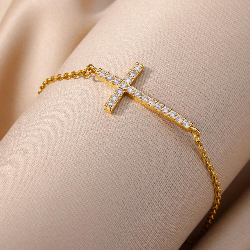 Crystal Cross Bracelets For Women Men Fashion Gold Color Stainless Steel Cross Bracelet Vintage Religion Aesthetic Jewelry Gift