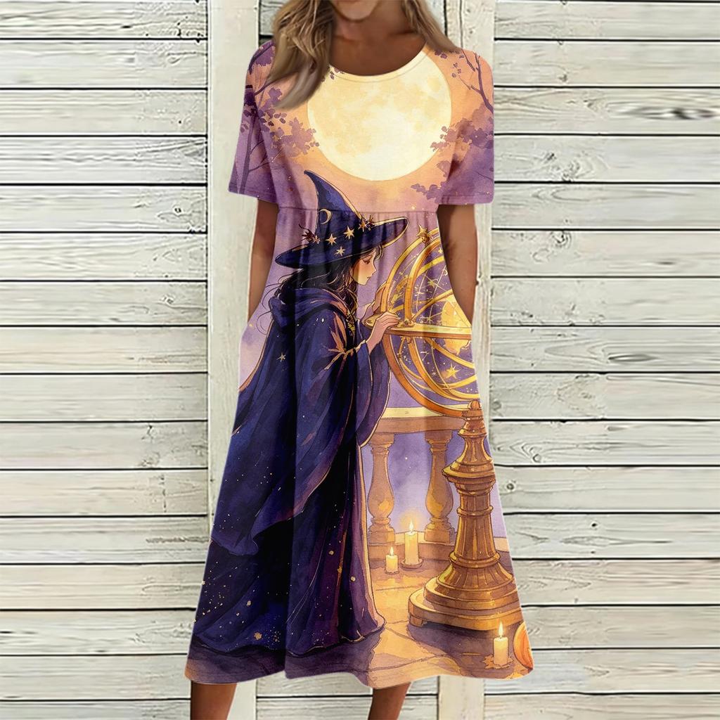Women's Casual Halloween Print Round Neck Dress with Pockets for Festive Occasions