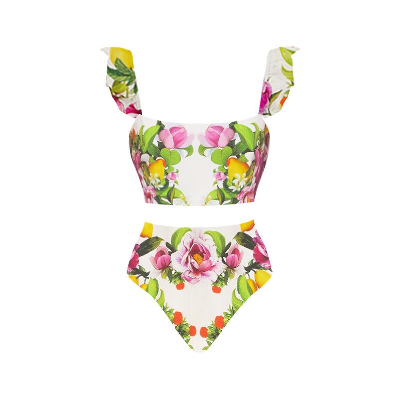 European and American bikini flower print high waist split swimsuit set women s split swimsuit S