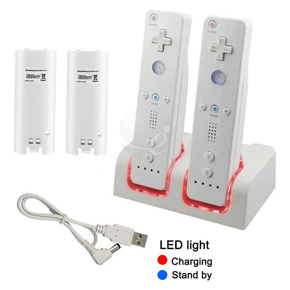 Ostent Charging Dock Station with 2 Battery Packs for Nintendo Wii Remote Controller White