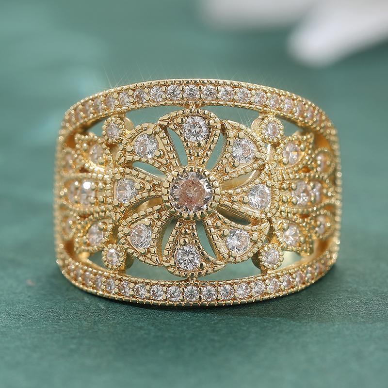 Gorgeous Golden Color Wide Flower Hollow Out Band Rings Female Finger Rings For Party Luxury Synthetic Cubic Zirconia Jewelry
