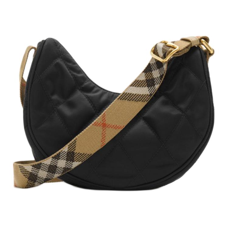 Burberry EKD Logo Quilted Nylon Hobo Crossbody Bag Black Check Strap Fashion Daily Use 81119281