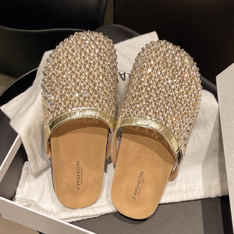 Fishnet Socks Slippers Women's Summer Rhinestone Low-heeled Flat Sandals Women's Rhinestone Slippers