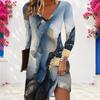 Women Plus Size V Neck Long Sleeve Blue Gold Printed A Line Dress