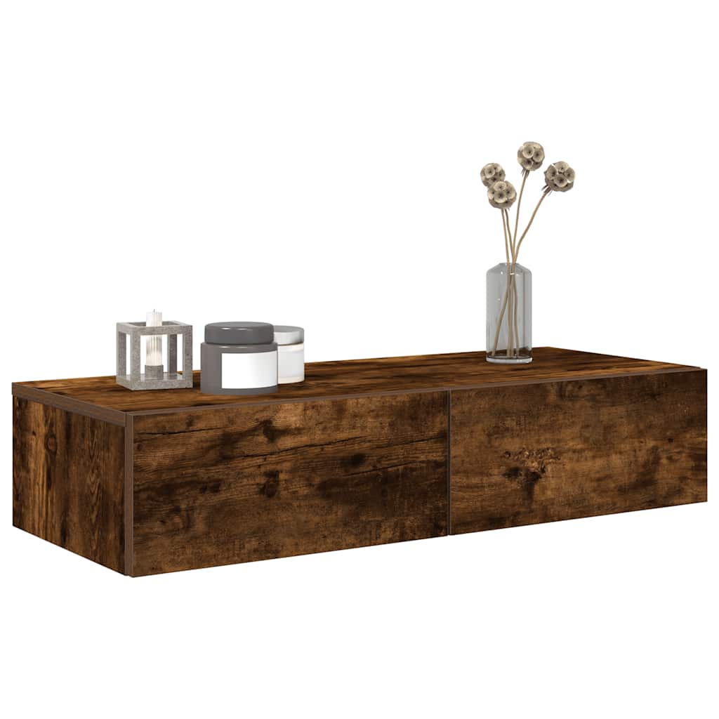 Wall Mounted Shelf with Drawers Smoked Oak Finish 80 x 33 x 17 cm Engineered Wood