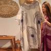 2026 European and American Fashion: Women's Abstract Print Linen Dress with Round Neck and Three-Quarter Sleeves