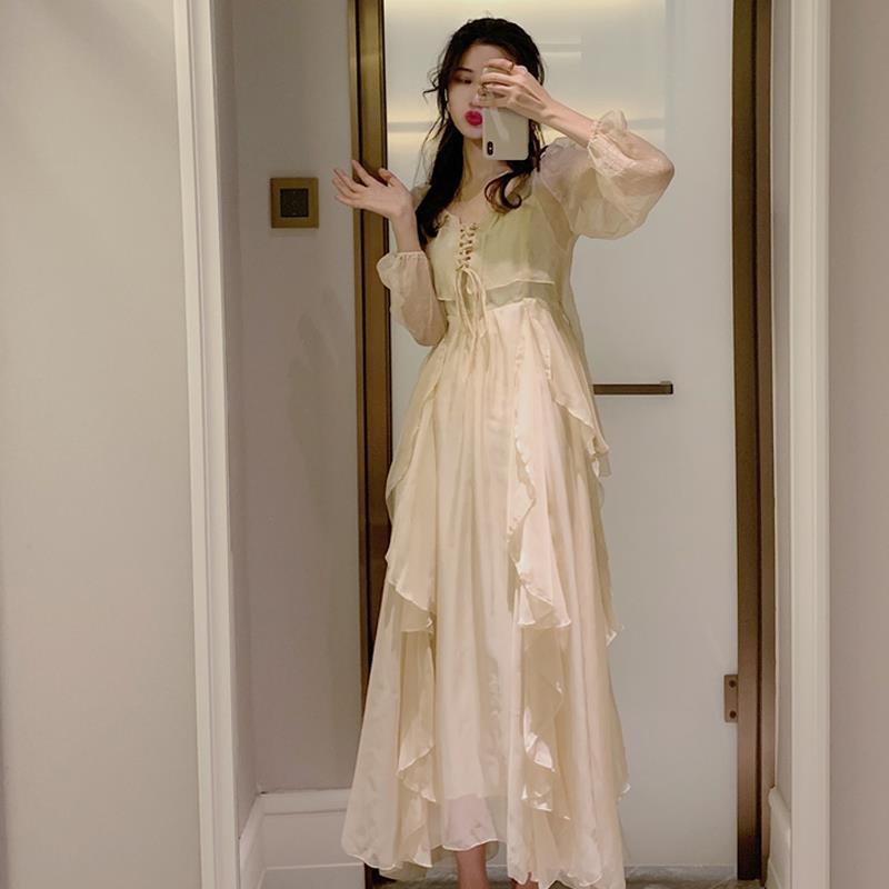 Spring Summer Elegant Flowy Mid-Length Waist-Cinching Long Sleeve Dress for Women