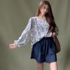 New Arrivals Open Run Women Loose Fit Long Sleeve Blouse Floral No Collar