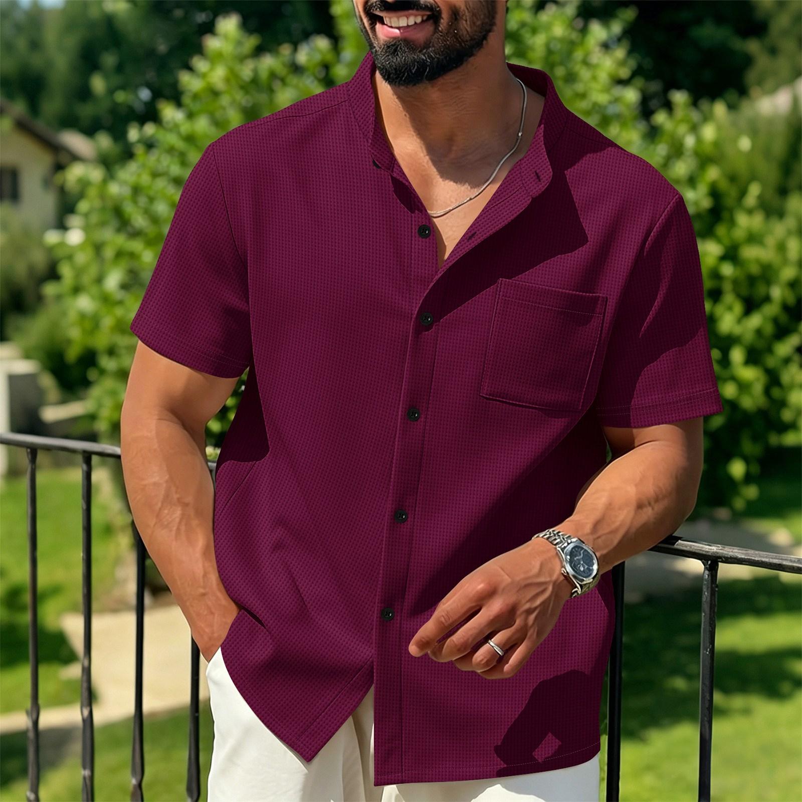 

Men Short Sleeve Button Down Shirt Casual Loose Fit Fabric Single Chest Pocket Summer Top XXXL винный