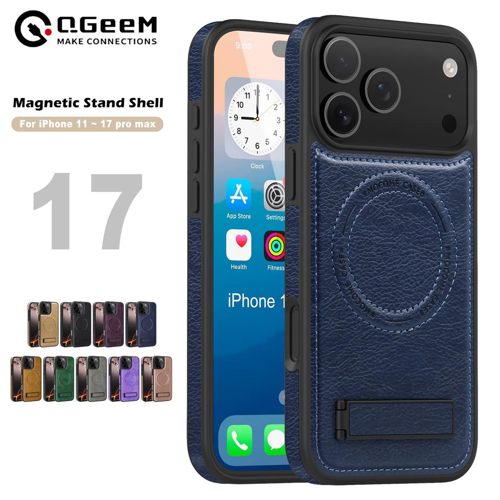 Luxury Magnetic Wireless Charging Leather Phone Case For Magsafe Case For iPhone 17 16 Pro Max 15 14 Plus Back Cover Holder Stand