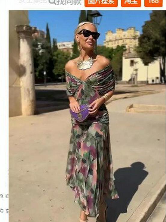 2026 European & American V-Neck Mesh Dress - Elegant Mid-length Skirt with Printed Design