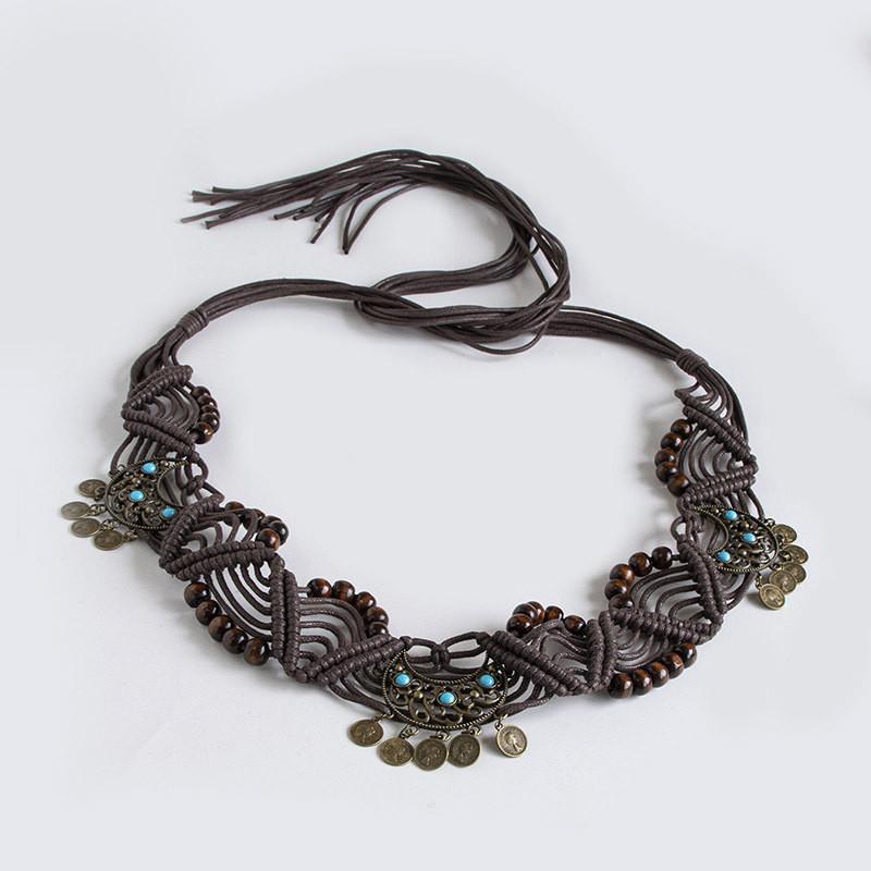 Bohemian Waist Belt Ethnic Style Handwoven With Coin And Moon Details For Vacation Wear