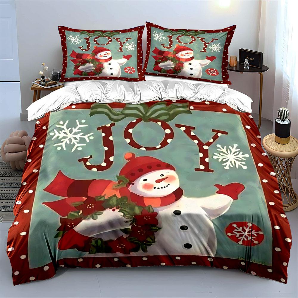 Snowman with Joy & Wreath Bedding Duvet Cover Set Duvet Cover Pillowcases (1*Duvet Cover 2*Pillowcases, without duvet insert)