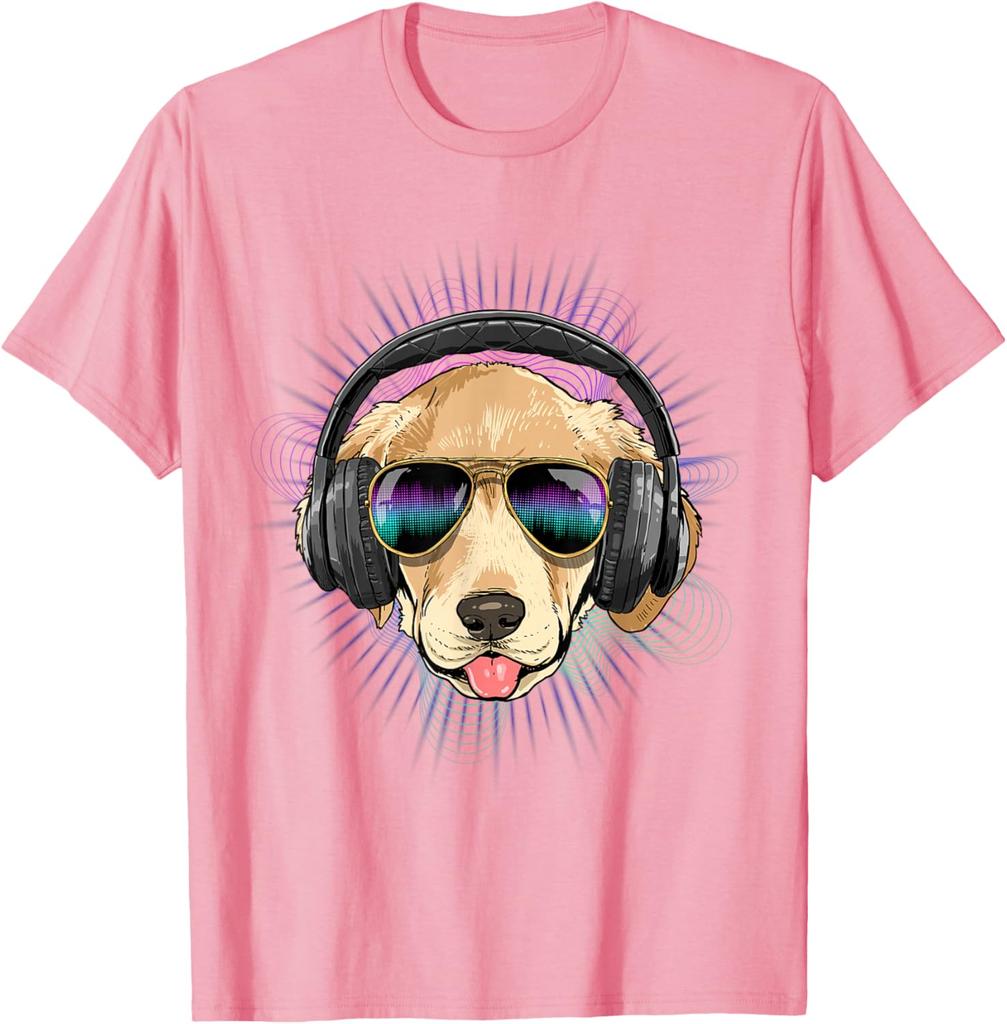 Cool Golden Retriever DJ Music Lover Graphic Tee Breathable Cotton Casual Trip T-Shirt