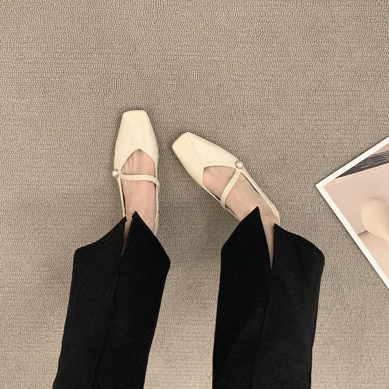 Fashion Woman Flat Shoes 2025 Autumn New Flat Bottomed Pearl Square Toe Comfortable Banquet Design Mary Jane Women's Shoes Zapatos Mujer