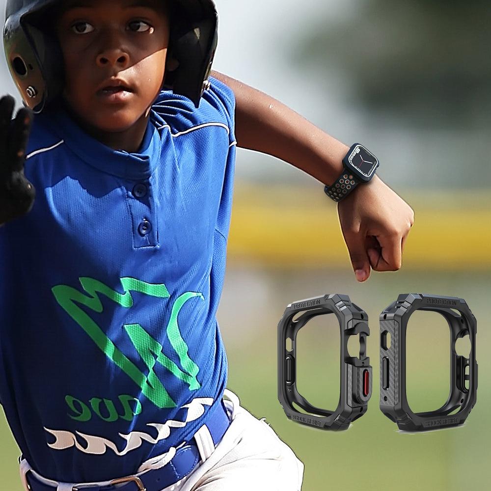 Militärisches, robustes Rahmengehäuse für Apple Watch Ultra Serie 8 7 6 SE 5 Kohlefaser-Textur Stoßfänger Metallknopf 49mm 40 41 44 45mm