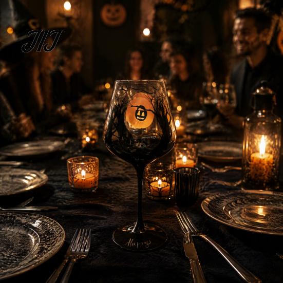 Set di Bicchieri da Vino a Tema Halloween con Gambo, Calice Artistico Dipinto a Mano, Idee Regalo Uniche, Capacità 720ml, Bicchieri Decorativi