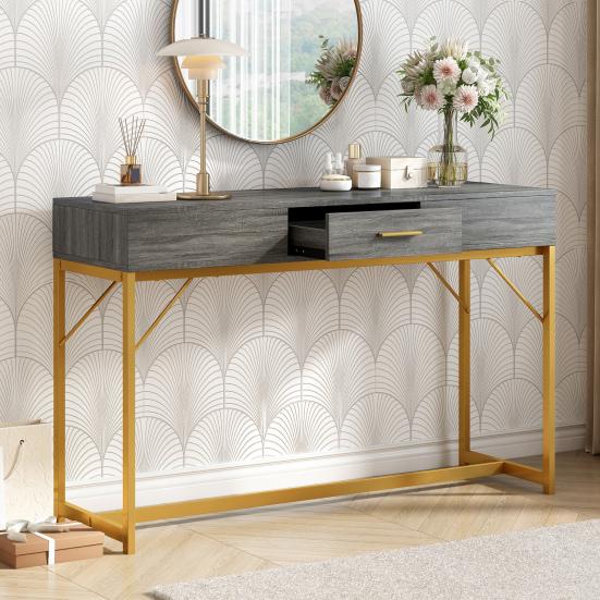 Console Table with 2 Drawers Light Luxury Modern Metal Golden Frame Living Room Farmhouse Long Hallway Table Behind Sofa Narrow Entryway