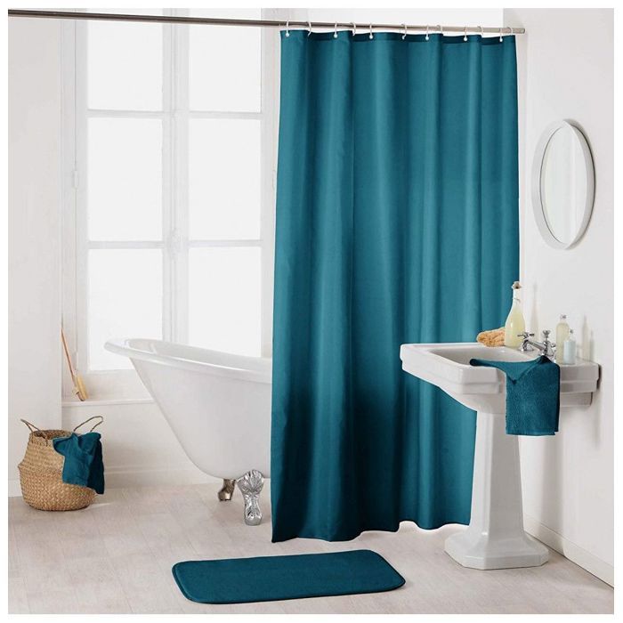 Rideau de douche en polyester uni avec crochets - L 200 x l 180 cm - Bleu pétrole