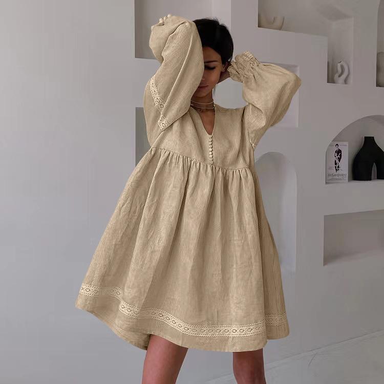Women's clothing autumn and winter new cotton and linen French skirt temperament commuter V-neck lantern sleeve loose dress