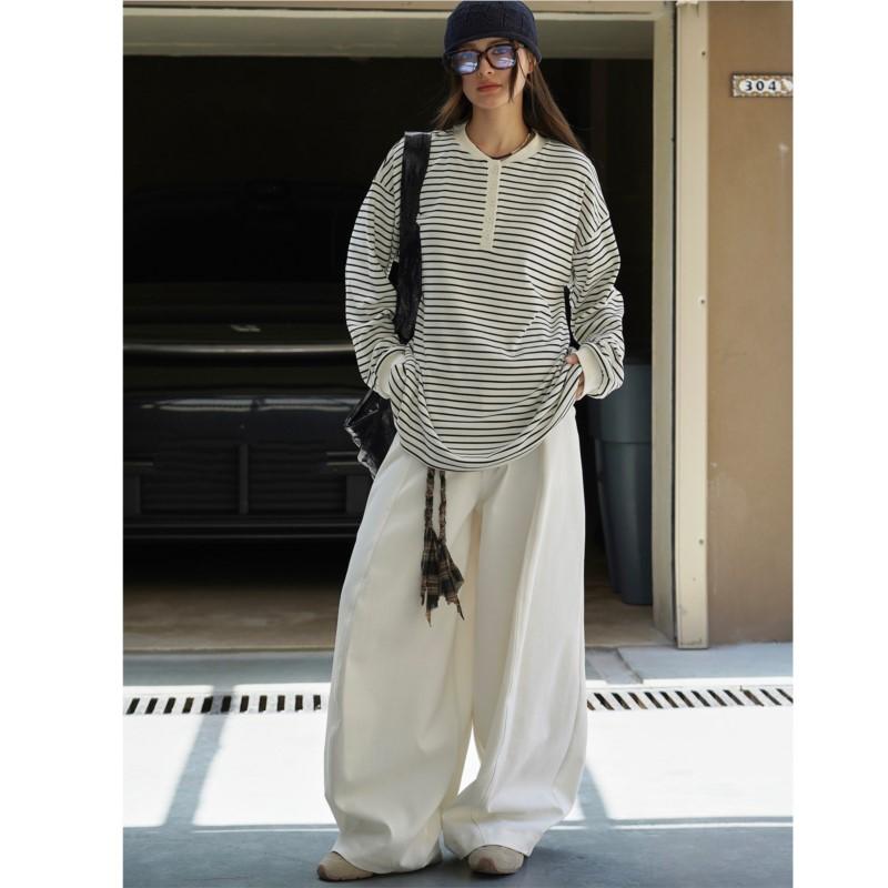 Johnature Autumn Japanese Women Full Length Pants Versatile Simple Loose Solid Color Wide-leg Pants