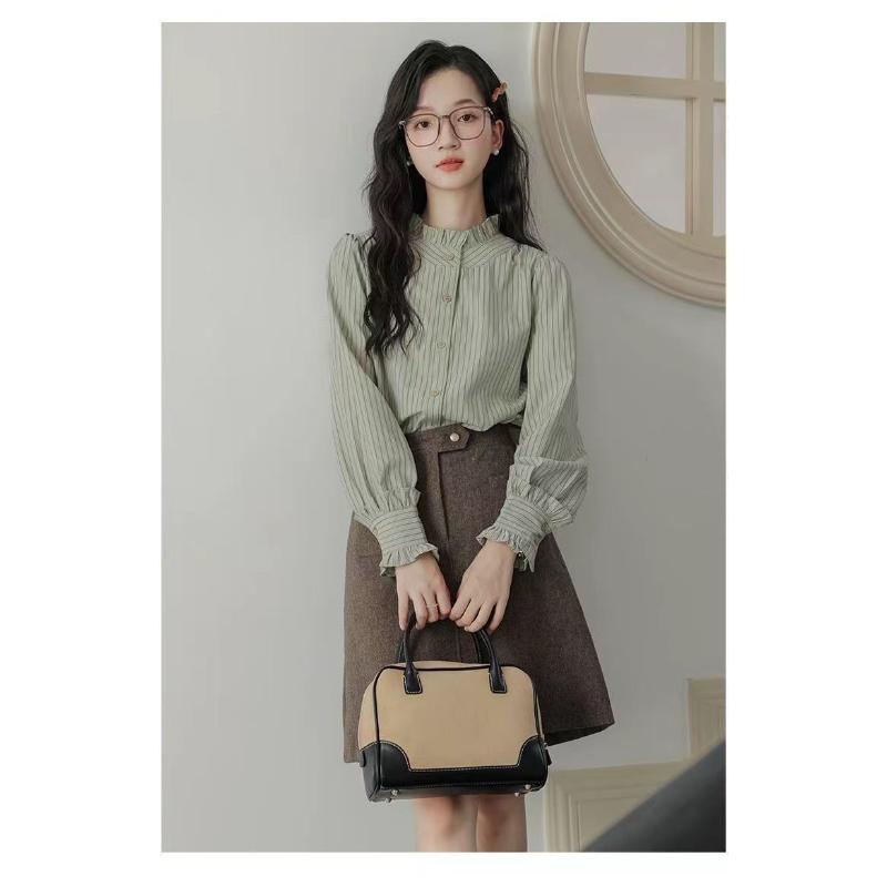 Loose Design Retro New French Ruffle Collar Long-sleeved Striped Shirt Top