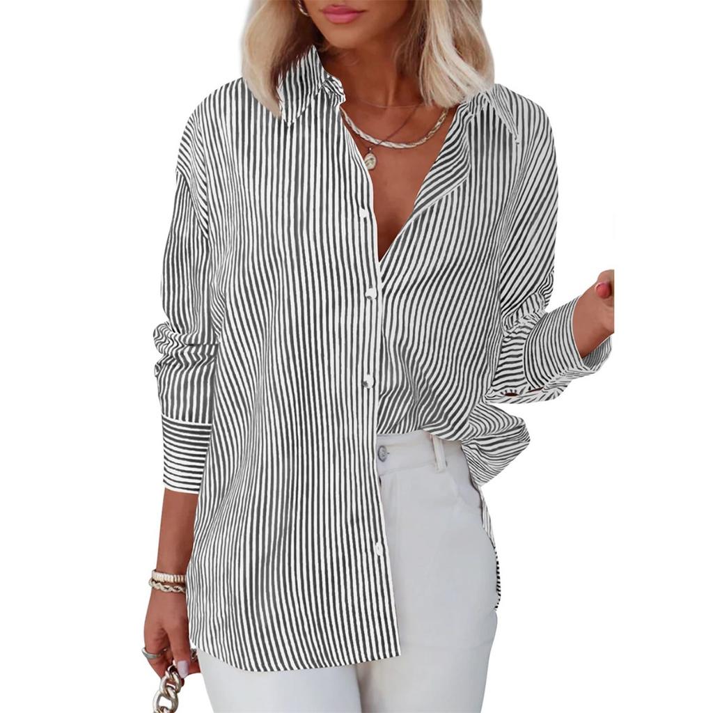 Women's Striped Button Down Shirt Long Sleeve Casual Loose Fit Office Blouse For Women