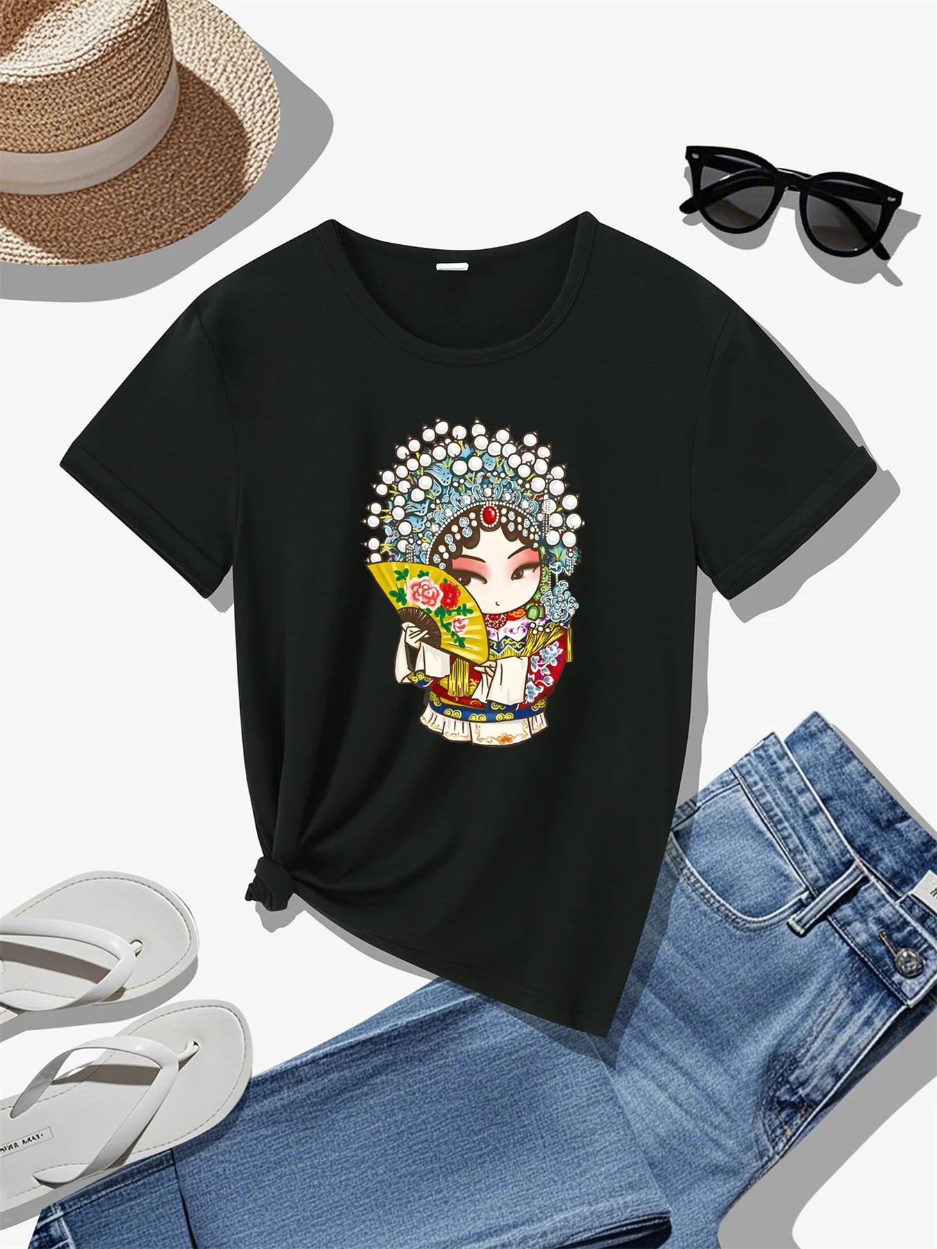 

Beijing Opera Mask Cartoon Characters Printed Summer Women s Top Short Sleeve Round Neck Casual Summer Womens T-shirt Clothing 4XL