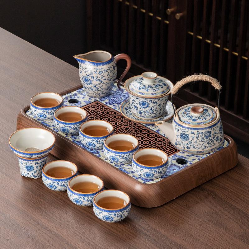 

New blue and white Ru kiln Kung Fu tea set Household ceramic brewing teapot teacup drainage water storage tea tray