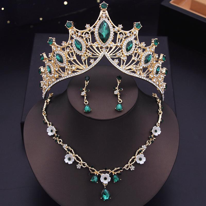 Baroque Tiaras Gold Color Red Crown Necklace Earring Sets Wedding Bridal Jewelry Set Prom Costume Accessories