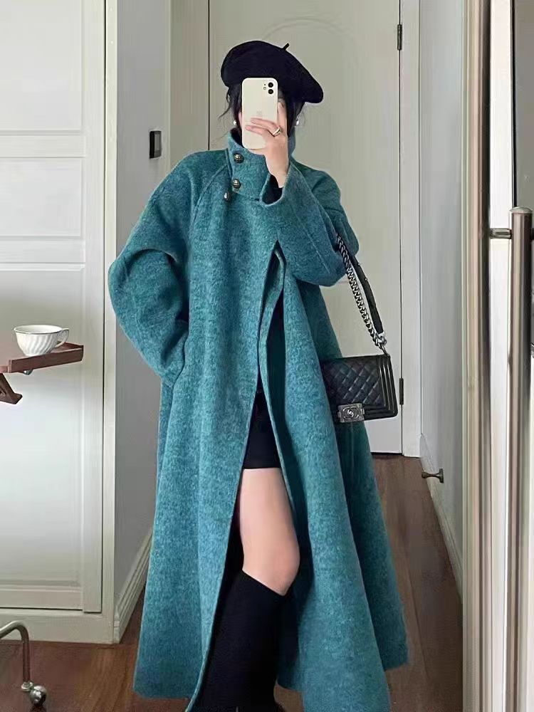 

Ретро, Blue Island Bay, шерстяное длинное пальто, синее темпераментное классическое кейп-пальто, зимнее двустороннее твидовое пальто для женщин M (130-77.5 kg)