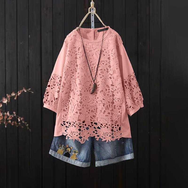 

ZANZEA Женские винтажные кружевные блузки с круглым вырезом и рукавом 3/4 S розовый